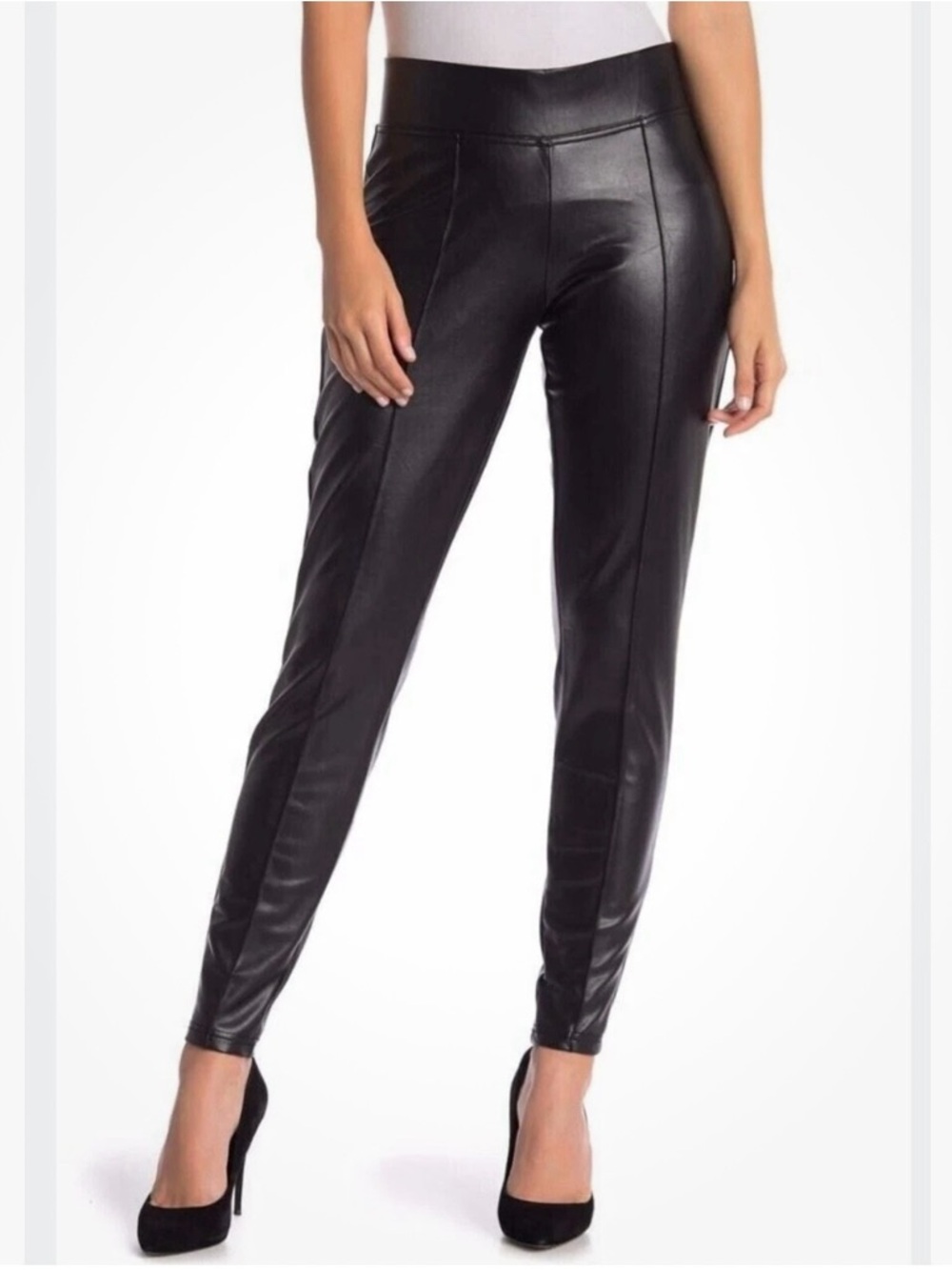 NWT Nine West Small Faux Leather Ponte Leggings Pencils Tummy Control Black Goth